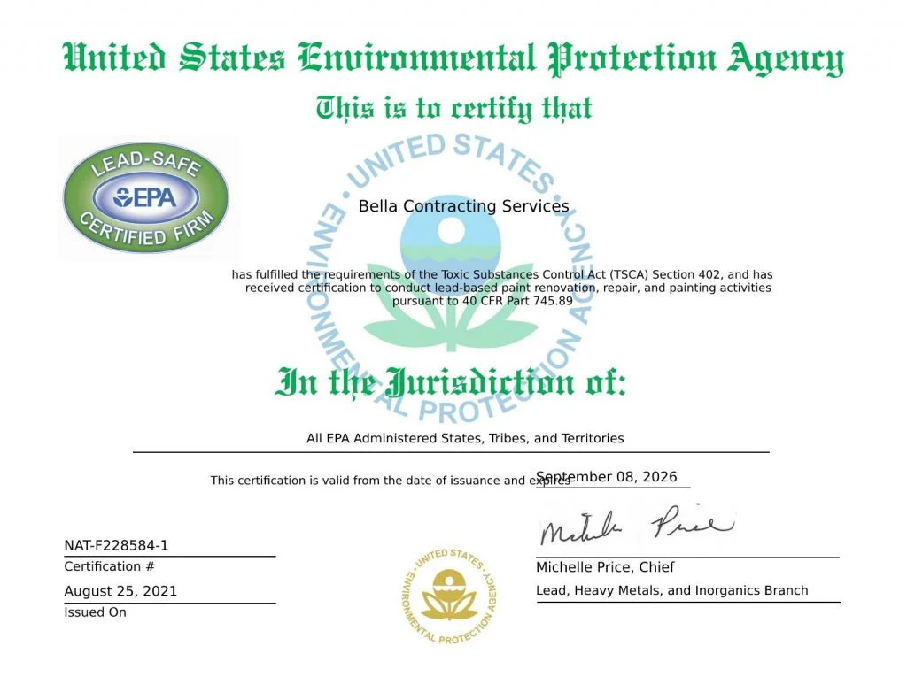 EPA Lead Based Paint Renovation certificate