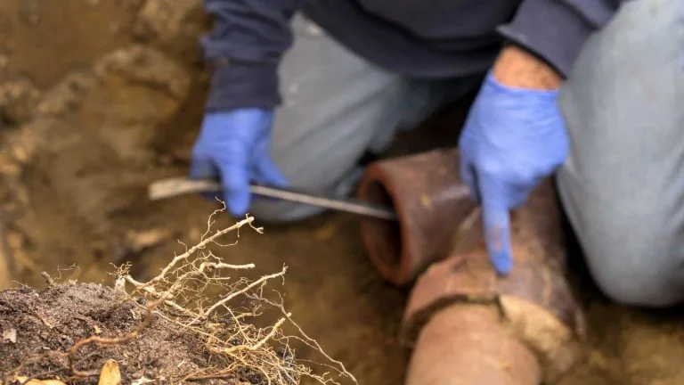 plumber clearing roots from clay sewer pipe