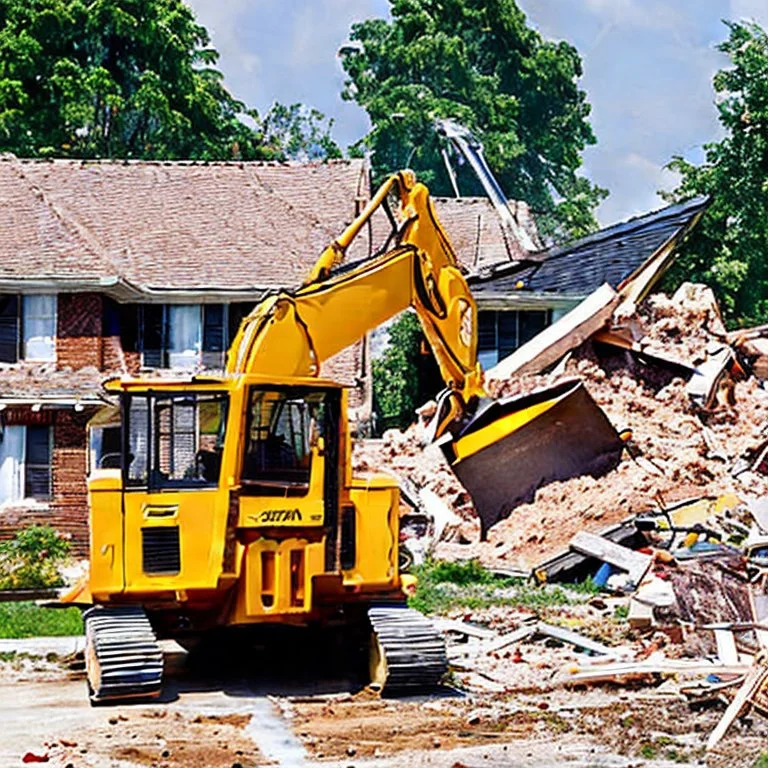 bulldozer working on the structural demolition of a building