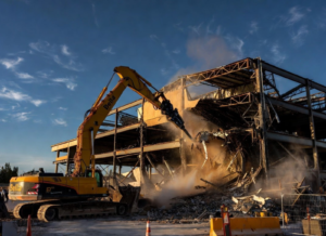 Excavator demolishing a commercial building structure.