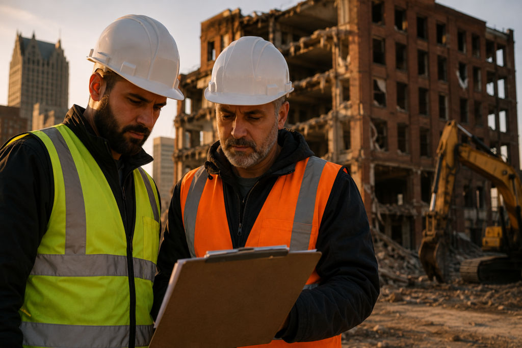 Commercial demolition crew reviewing permit documents at a Detroit building site