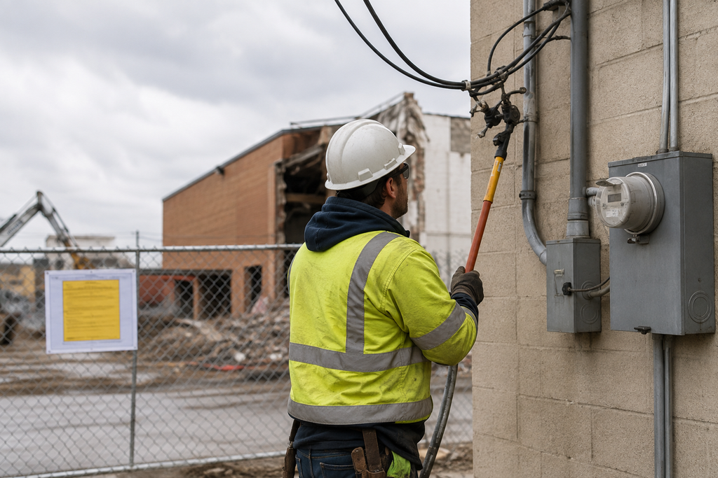 Electrical utility disconnection at a New Jersey commercial demolition site