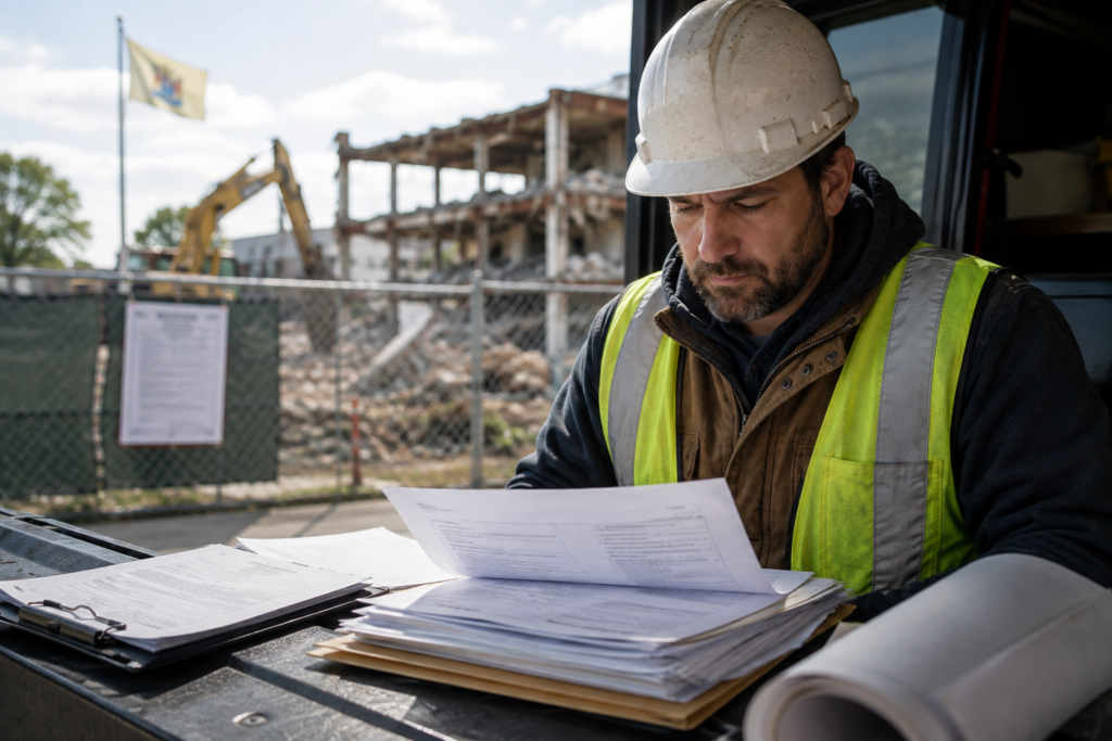 Contractor reviewing utility release letters before a New Jersey demolition permit is issued
