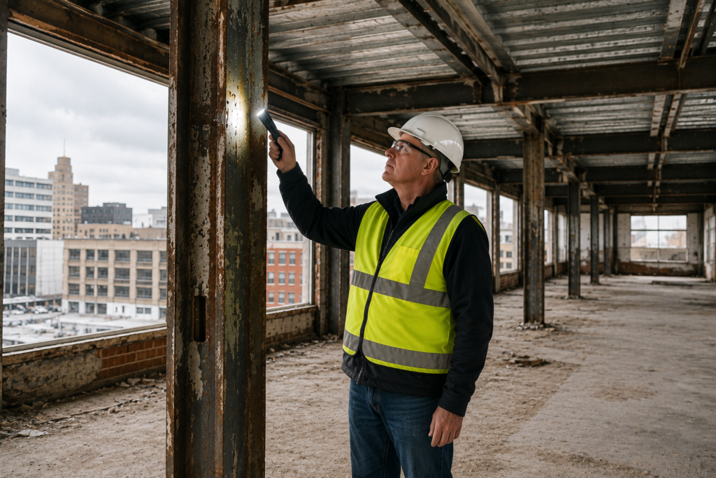 Engineering survey inspection before demolition begins on a commercial structure