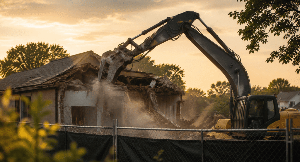 Excavator demolishing a vacant structure as part of Detroit's blight removal program