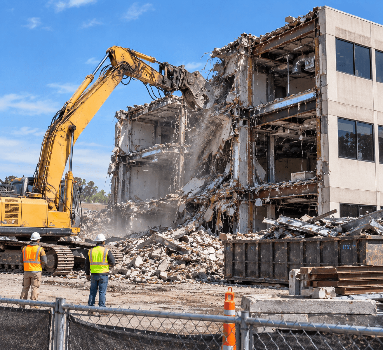 Excavator demolishing a building structure.