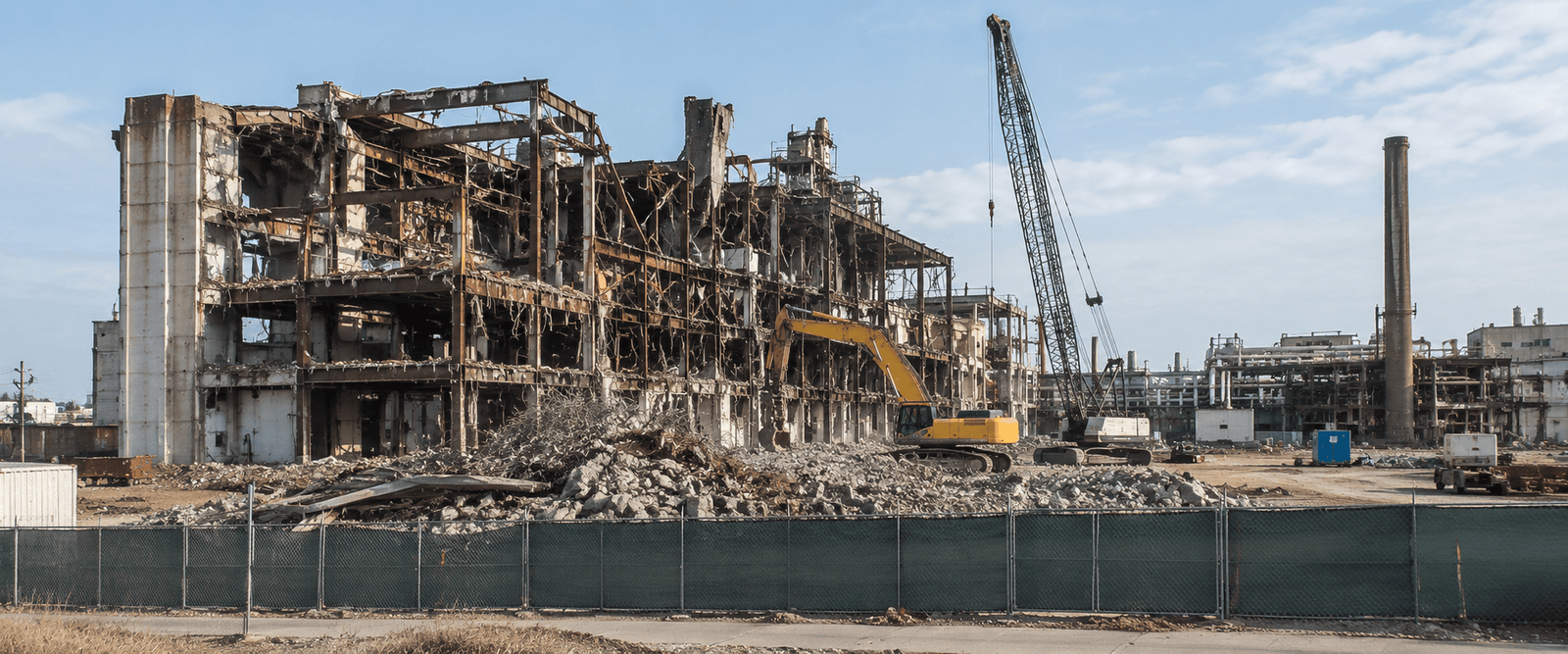 former industrial building mid-demolition on a brownfield site being redeveloped