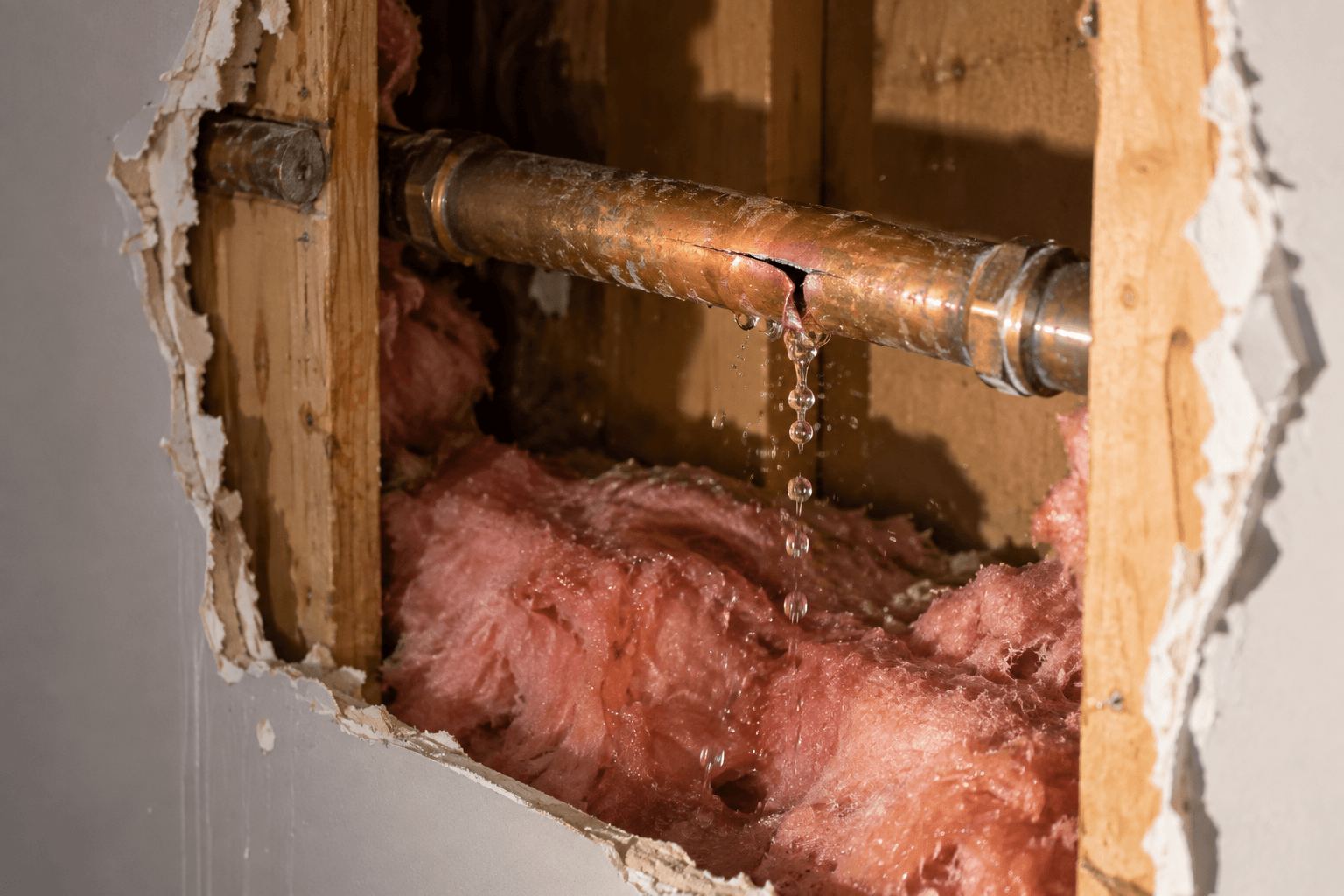Burst pipe leaking water inside an open wall cavity