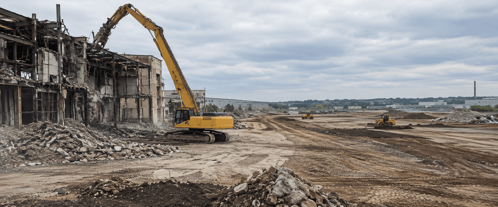 demolition excavator clearing industrial site for data center construction