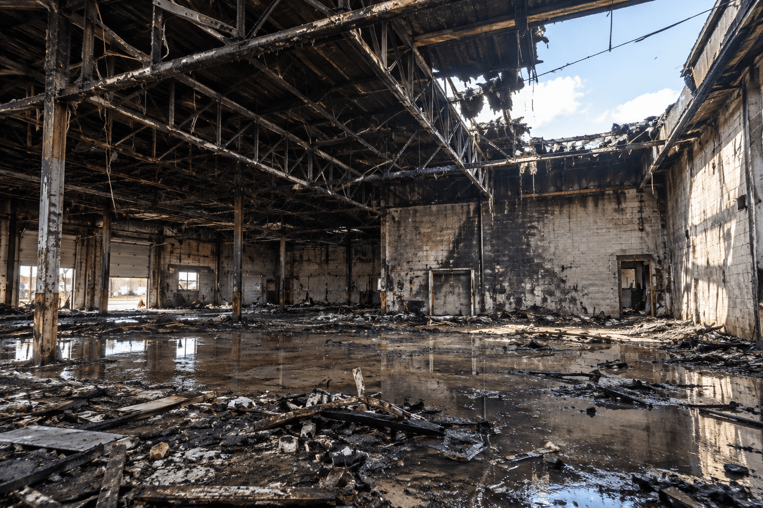 fire-damage-demolition-commercial-interior-charred-steel-framing-bella