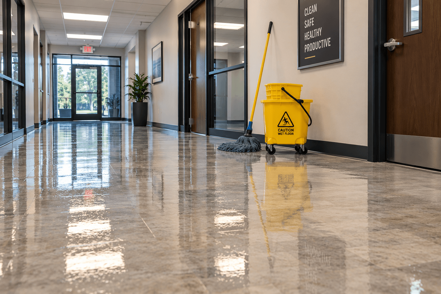 Freshly cleaned and sanitized commercial floor after water damage restoration