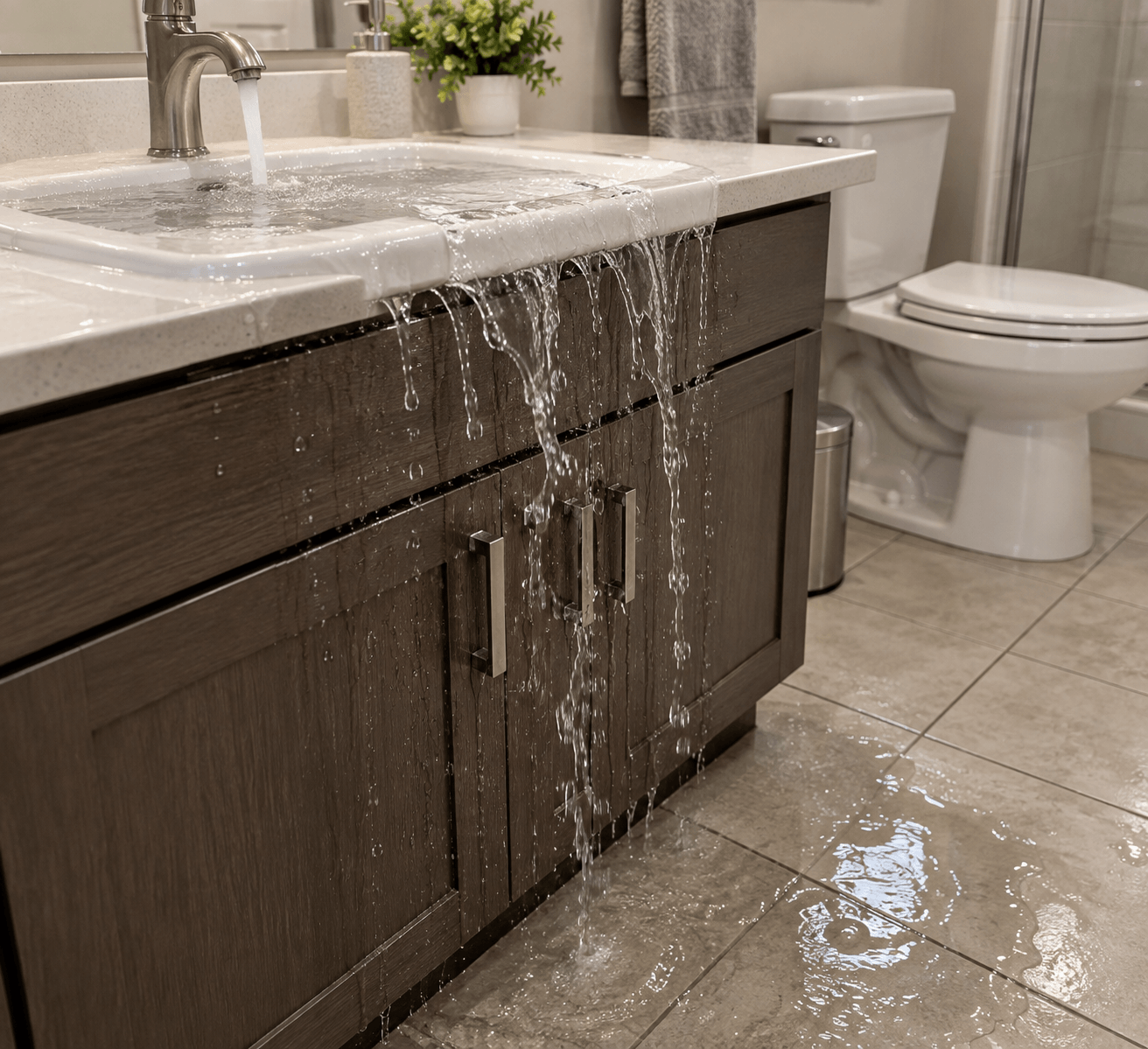 Water overflowing a sink onto the floor below