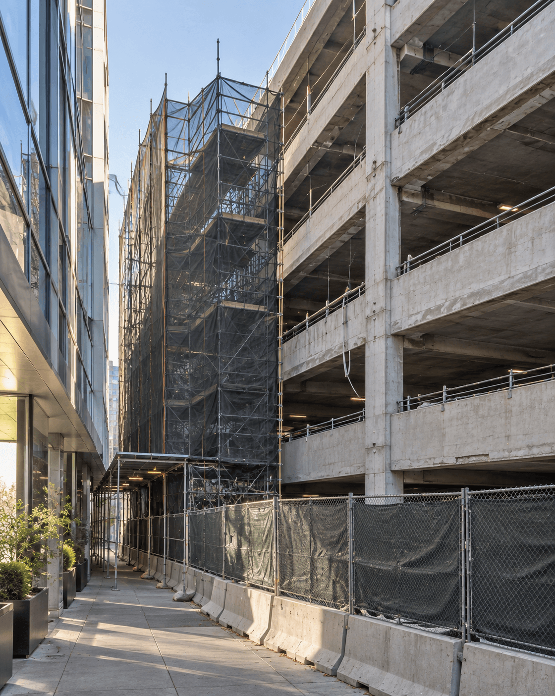 Temporary scaffolding, debris netting, and fencing protecting an occupied glass-front commercial building beside a multi-level parking garage under demolition
