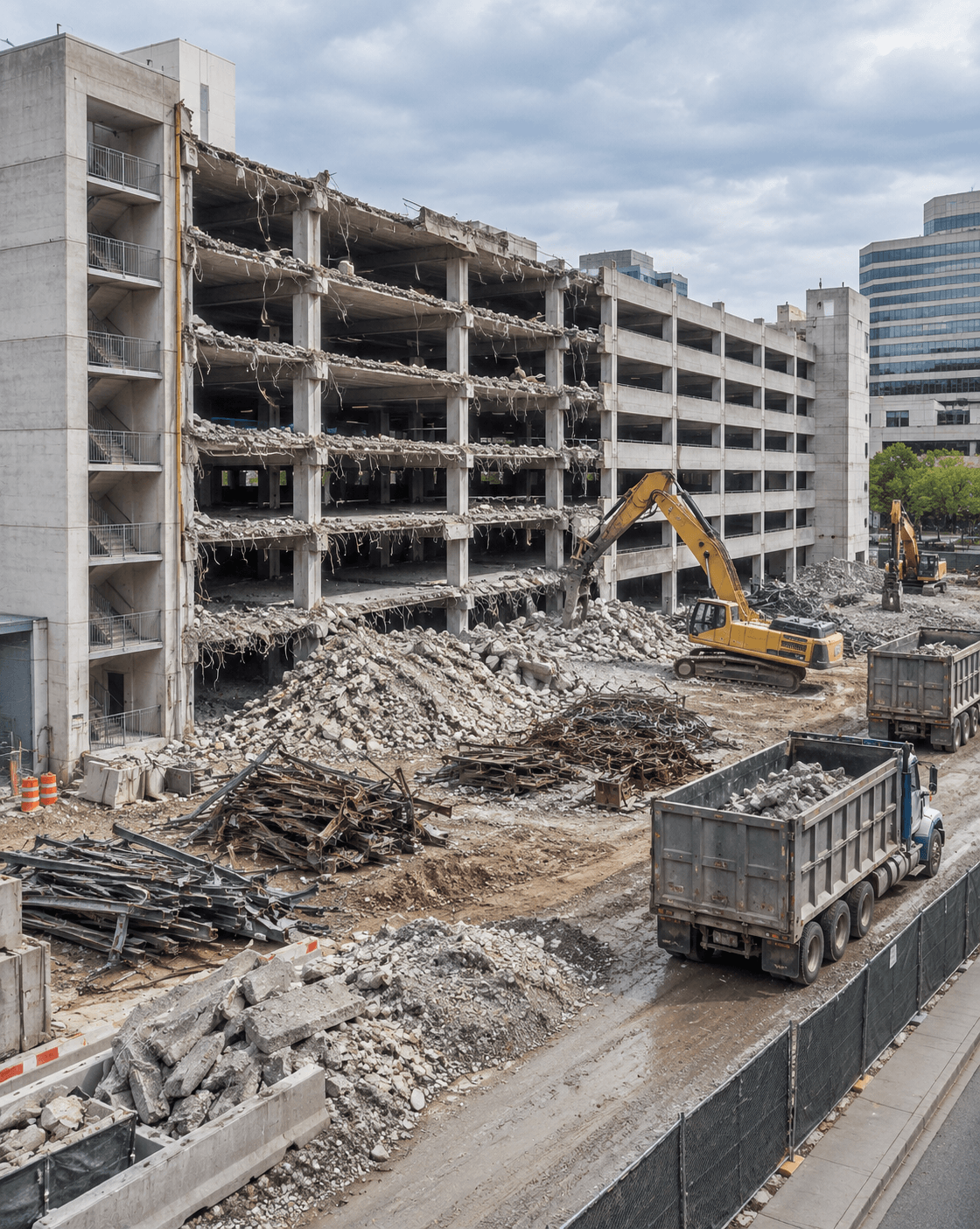 Multi-level commercial parking garage demolition jobsite with sorted concrete debris, scrap steel, and haul trucks staged at street level illustrating scope factors that drive cost