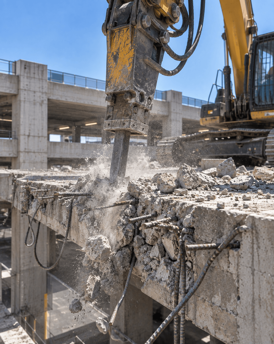 Excavator-mounted hydraulic hammer breaking thick reinforced concrete on a multi-level commercial parking garage deck during demolition