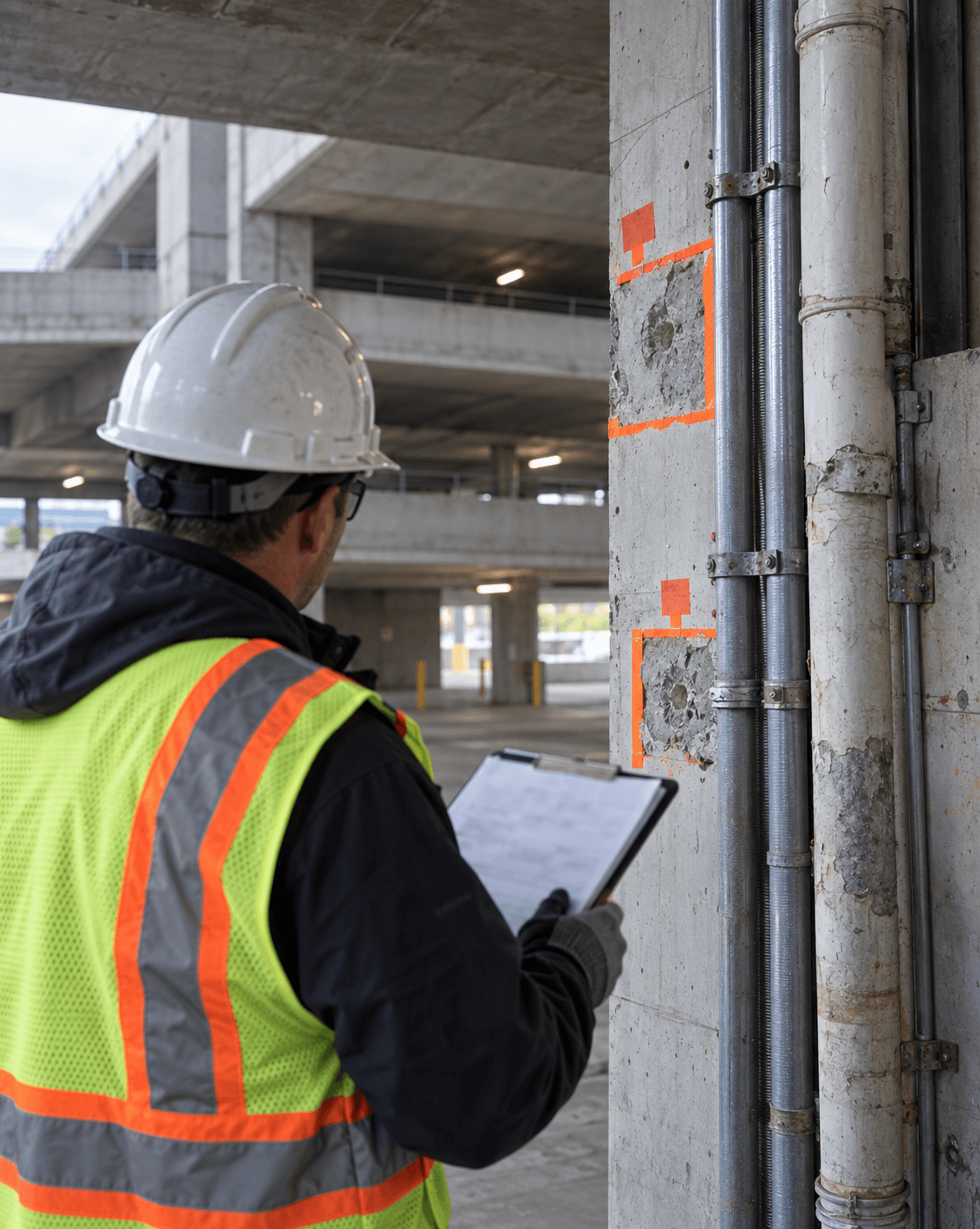 Commercial demolition inspector reviewing marked environmental sampling points on a concrete parking garage wall and pipe chase before structural demolition
