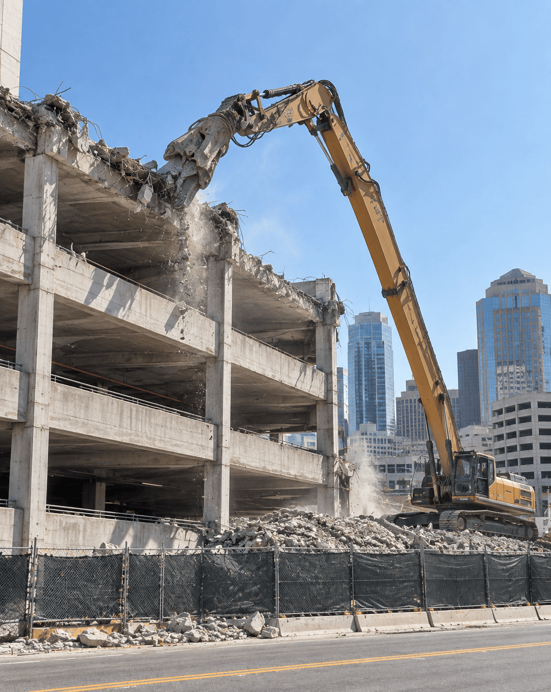 High-reach excavator with concrete pulverizer working the top deck of a multi-level commercial parking garage during sequenced teardown