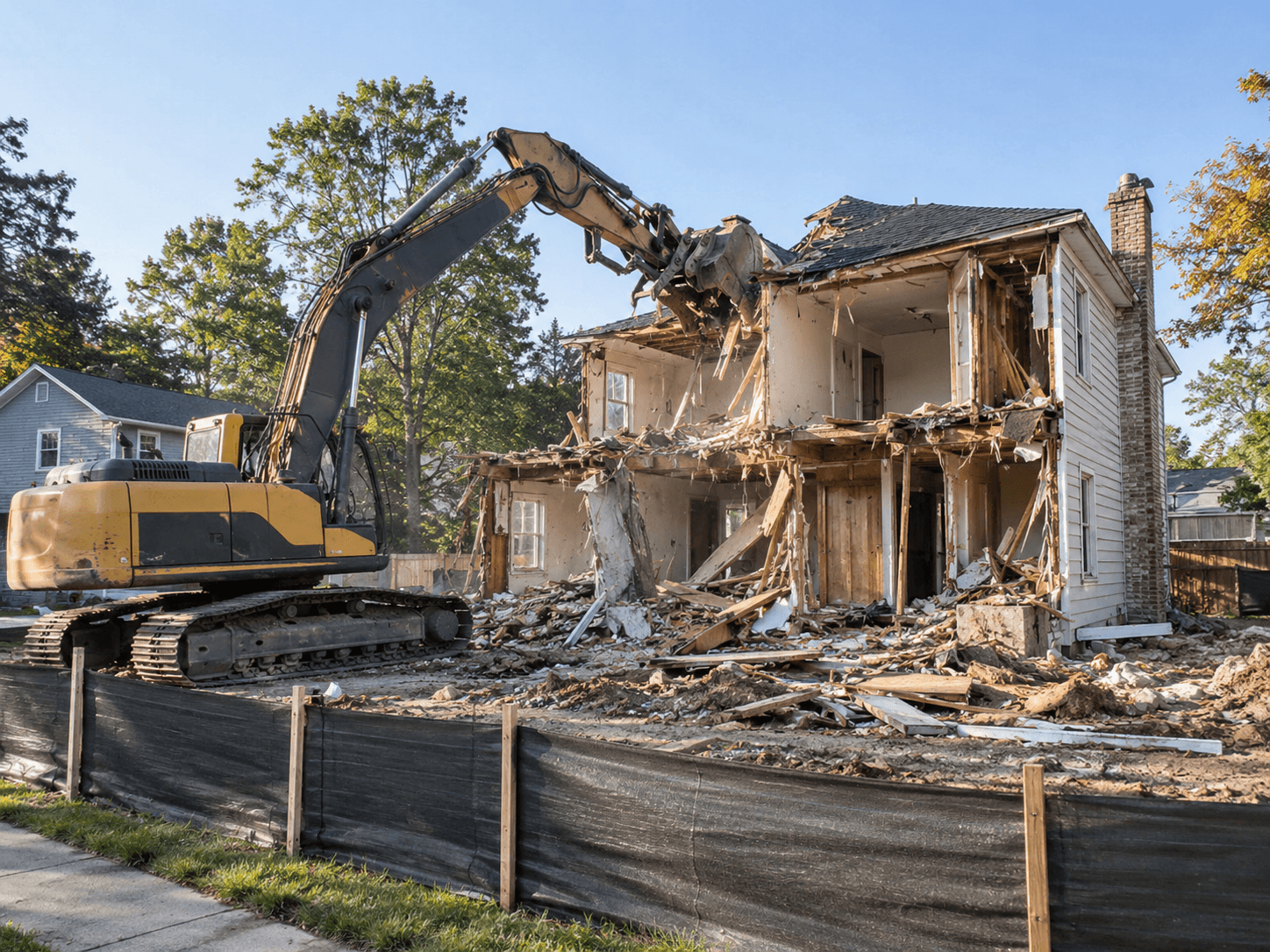 Residential house demolition in progress with excavator tearing down a two-story home