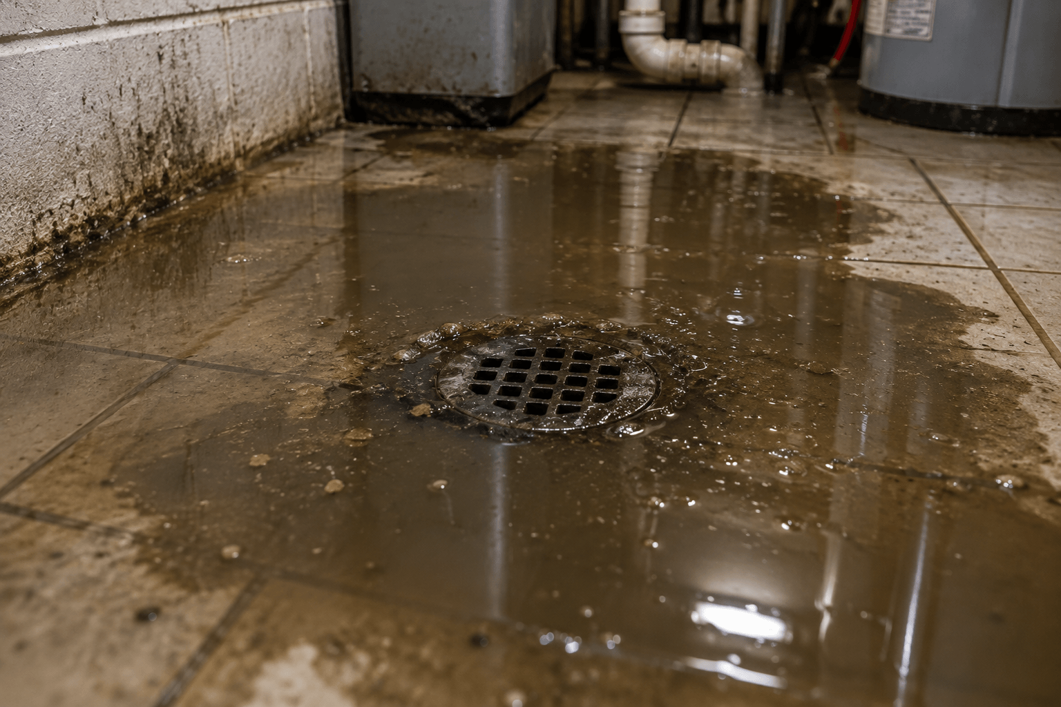 Sewage backup pooling near a floor drain, requiring