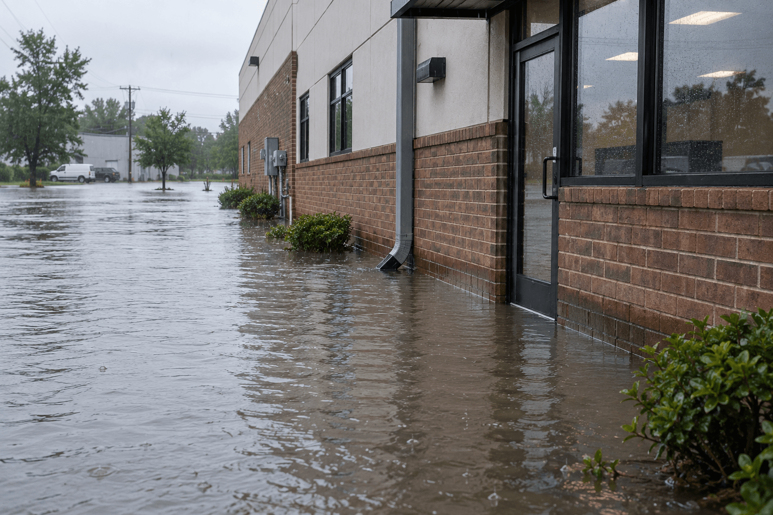 Storm floodwater against the exterior of a New Jersey building
