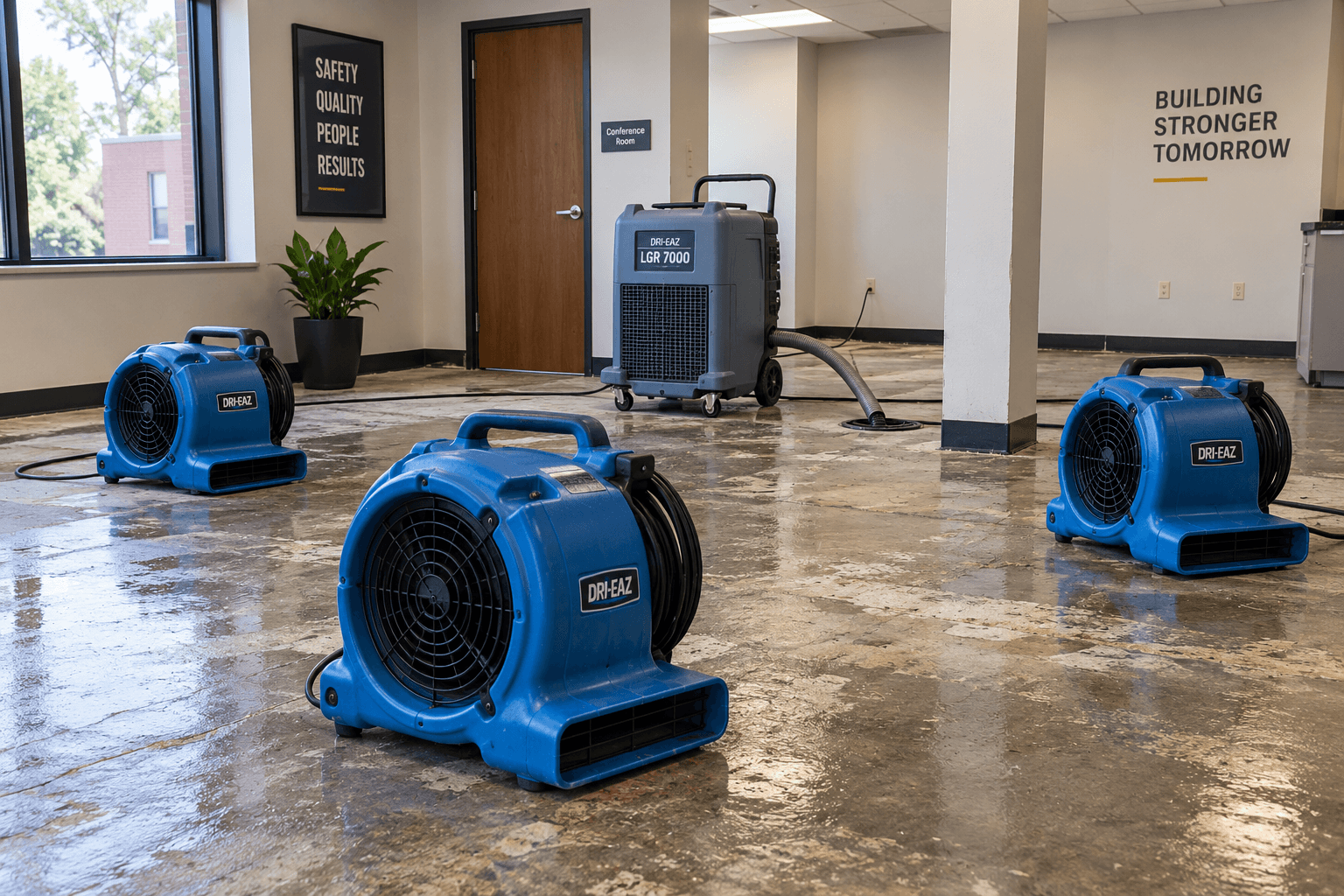 Industrial air movers and a dehumidifier drying a water-damaged room