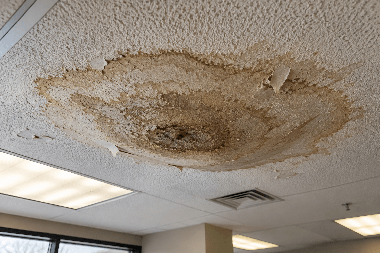 Water-stained and sagging ceiling in a New Jersey commercial building awaiting restoration