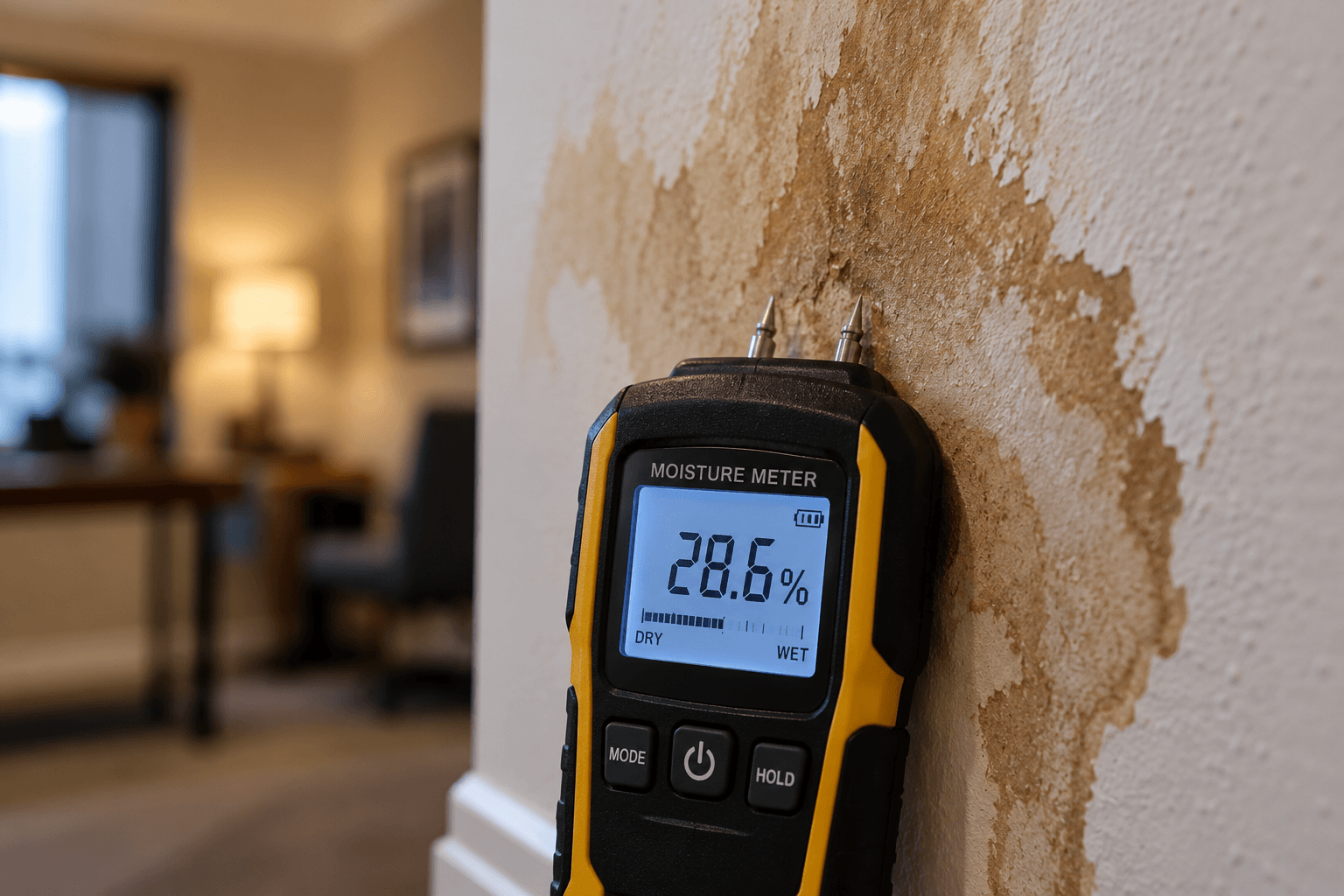 Moisture meter reading taken against water-damaged drywall during a restoration inspection