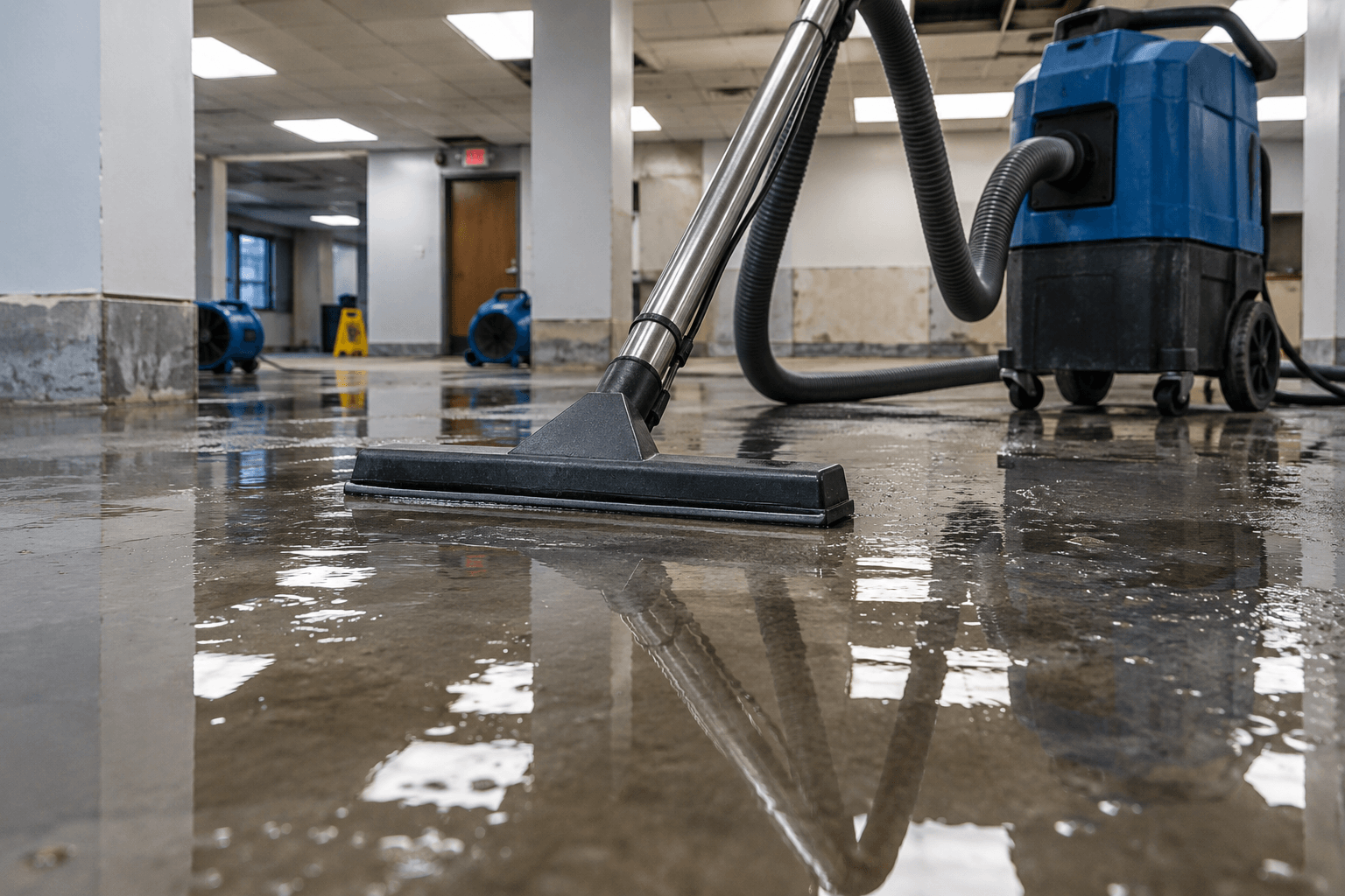 Commercial water extraction equipment removing standing water from a flooded interior floor