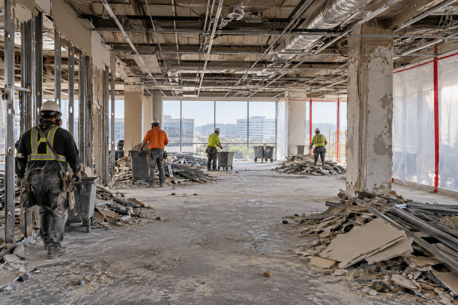 Crew removing interior walls and ceilings during selective commercial demolition